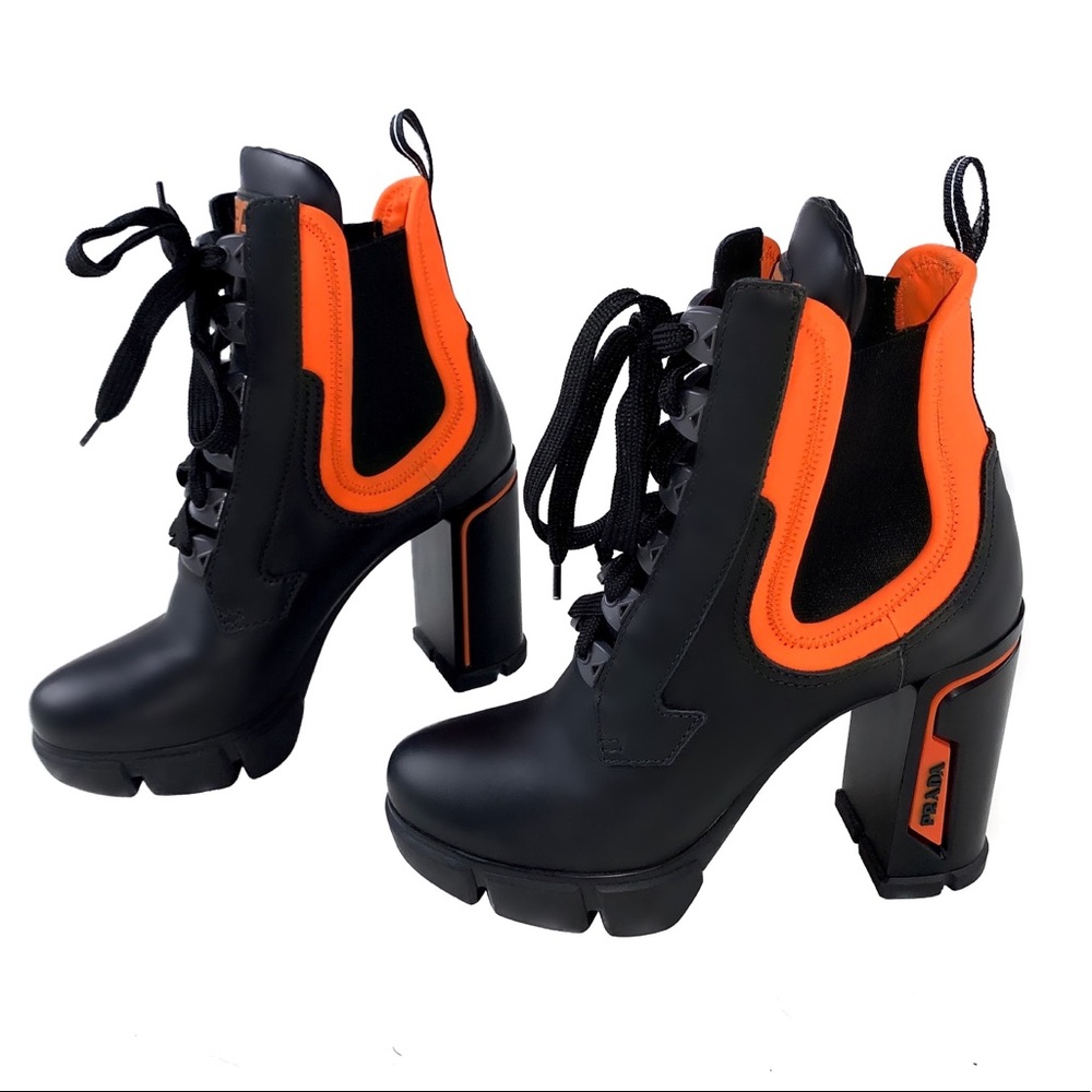 Prada Leather & Neoprene Lace Up Heel Boot